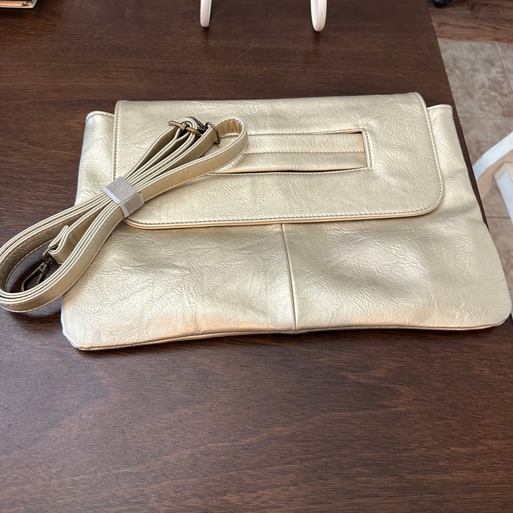 Gold Color Crossbody or Clutch Faux Leather
